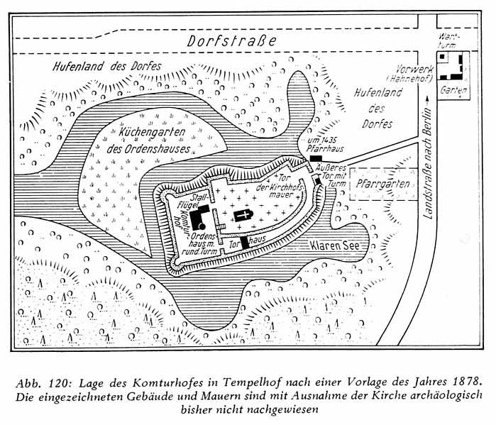 Lage des Komturhofes umringt von Gewässern nach einer Zeichnung von 1878, aus Wikipedia mit freundlicher Genehmigung des Historikers Ulrich Waack 
